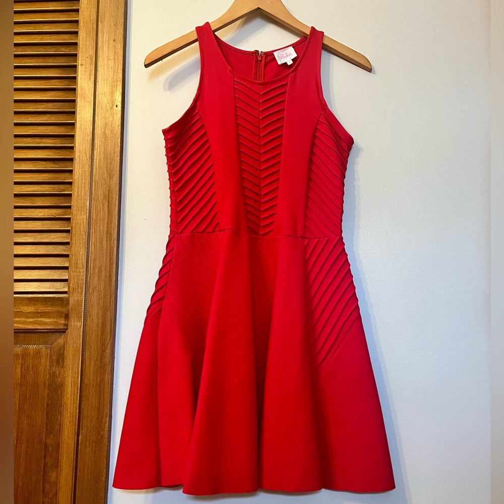 Parker Fay Womens Pintucked Ponte Knit Fit Flare Skater Mini Dress Red size S
